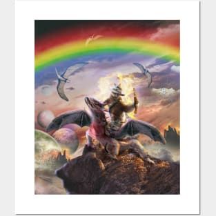 Sloth Riding Dragon, Space Rainbow Dinosaur Posters and Art